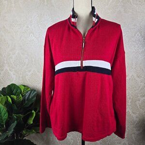 Tommy Hilfiger Size Medium Red 1/2 Zip Pullover Blue White Stripe Long Sleeve